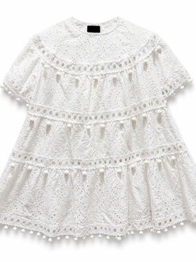 Cynthia Rowley Eyelet Lace Mini Dress White Tiered Pom Trim XS